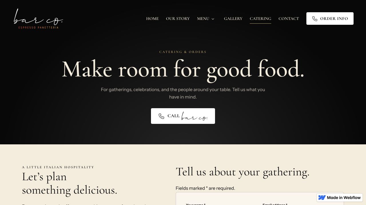 Bar Co catering website page introducing gatherings and its inquiry section