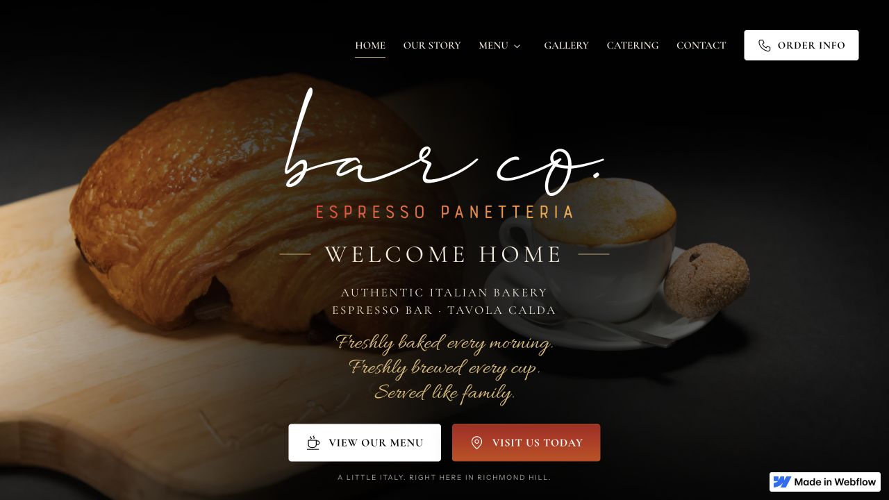 Bar Co website homepage showing the café identity, espresso and bakery offering