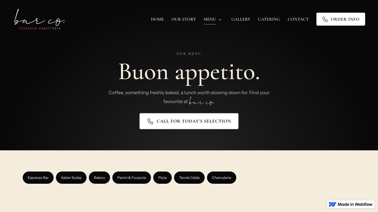Bar Co website menu page with food and drink category navigation