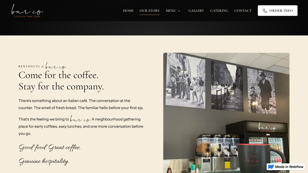 Bar Co website story page pairing café copy with an interior photograph