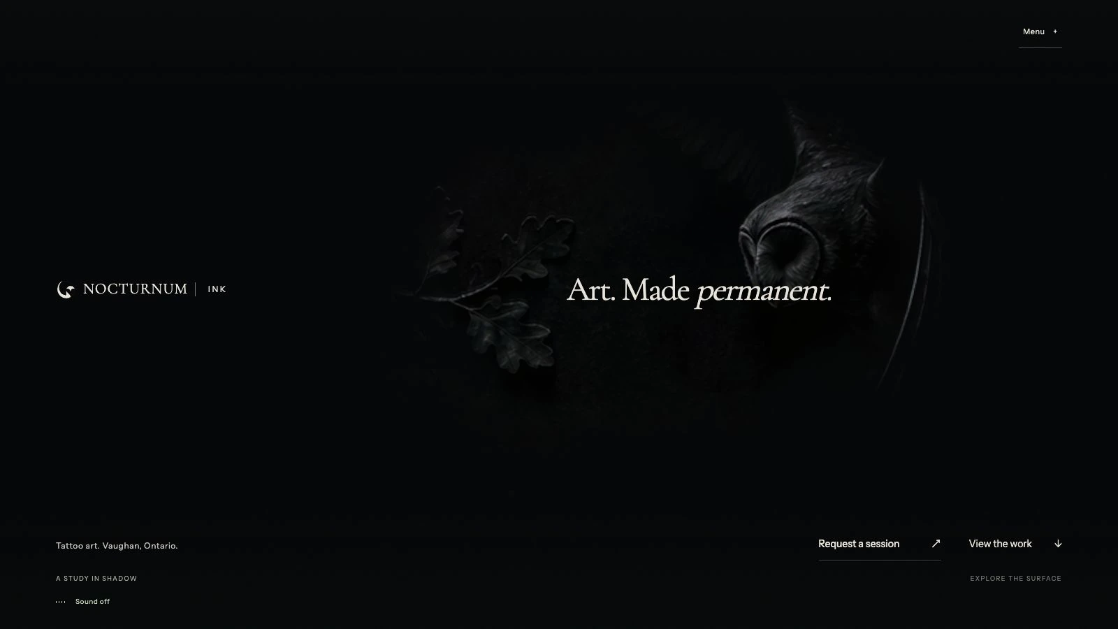 Nocturnum Ink website opening showing its tattoo atelier identity and inquiry links